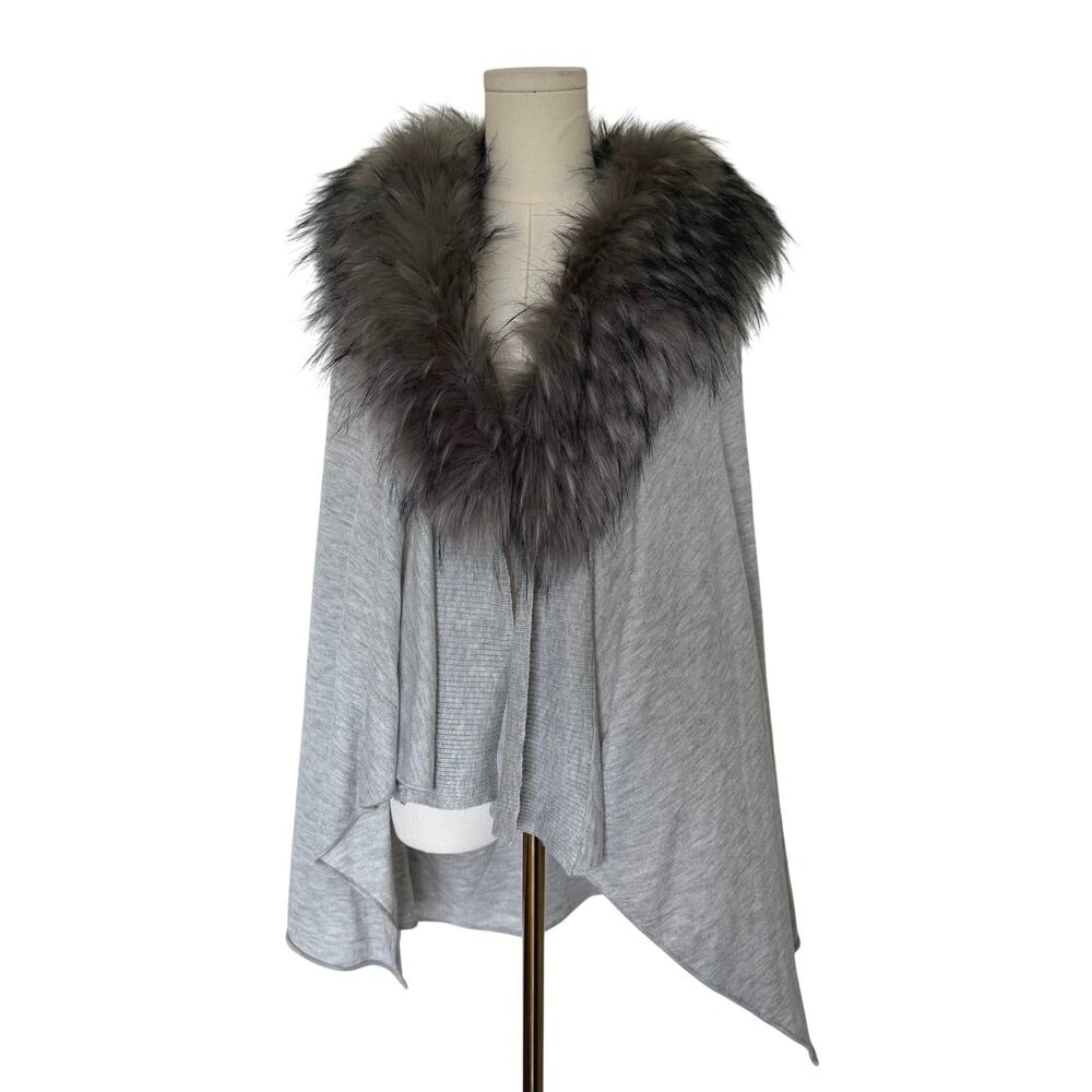 Heartloom (XS) Gray Faux Fur Collar Cardigan Draped Open Front Asymmetric Knit